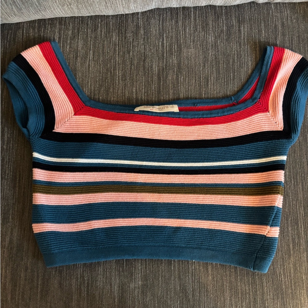 Les Soeurs Striped Multicolor Knit off shoulder Crop Top